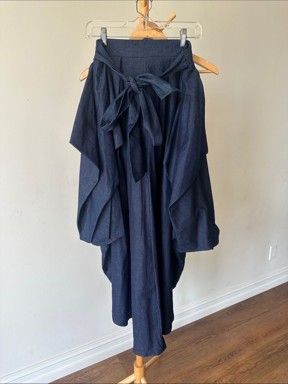 Asymmetrical Navy Blue Women's Skirt with Tie-Waist